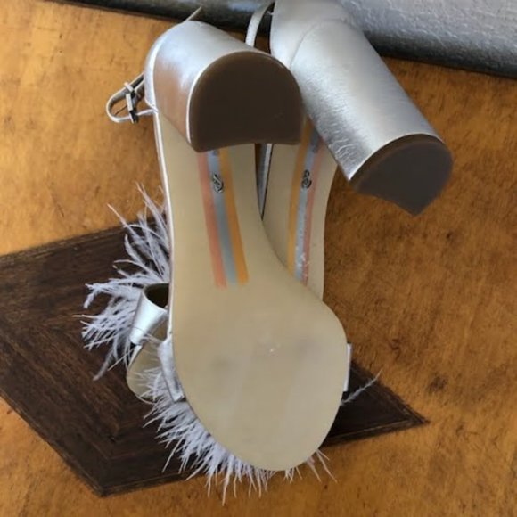 New SAM EDELMAN Yaro Silver Feather & Leather Sandals 4" Block Heel 8.5 - Picture 7 of 9